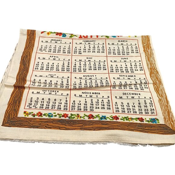 Vintage 1977 Kitchen Calendar Towel With Rustic Design & Cross-Stitch Patterns - Picture 3 of 3